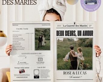 Puede incluir: Un anuncio de periódico falso con el titular "La Gazette des Mariés" y el subtítulo "Deux Cœurs, Un Amour". El anuncio presenta una foto de una pareja en un campo y el texto "Rose & Lucas Se marient!"