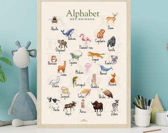 May include: A framed poster featuring an animal alphabet in French. The poster includes illustrations of various animals, such as a bee, whale, flamingo, elephant, jaguar, and zebra. The poster is in a light beige color with a wooden frame.