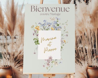 Cartel de bienvenida de boda personalizable, flores silvestres de acuarela verde, plantilla de lienzo de boda, letrero de bienvenida de boda rústico