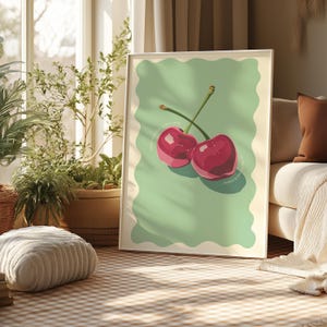 Memphis-stijl poster groene achtergrond en rode kersen, Cherry PDF-poster om af te drukken, digitale wandkunst, vintage verjaardagscadeau