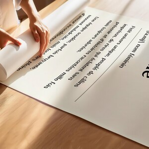 May include: A white poster with the word "Famille" in black text. The poster is rolled up and being held by a person's hands. The poster defines the word "Famille" as a unique universe filled with hugs, unexpected laughter, and stories told over and over again. It also describes a family as a united team, sometimes loud, often clumsy, but always full of unconditional love.