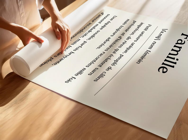 May include: A white poster with the word "Famille" in black text. The poster is rolled up and being held by a person's hands. The poster defines the word "Famille" as a unique universe filled with hugs, unexpected laughter, and stories told over and over again. It also describes a family as a united team, sometimes loud, often clumsy, but always full of unconditional love.