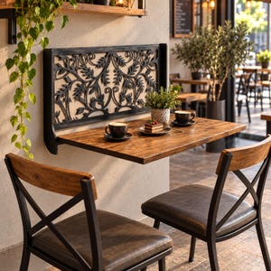 May include: A wall-mounted folding table with a rectangular wooden top and a black metal frame featuring an intricate leaf-patterned back panel. Two chairs with dark brown upholstered seats and black metal frames are positioned in front.