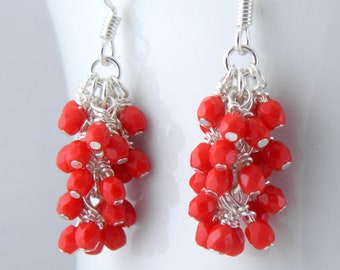 Red Cluster Earrings with Surgical Steel or Sterling Ear Wires, Valentines Earrings