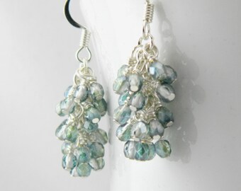 Teal Green Cluster Earrings, Teal Dangle Earrings with Surgical Steel Ear Wires