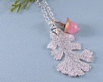 Silver Oak Leaf Necklace with Pink Acorn, Real Oak Leaf Pendant, Electroformed Leaf