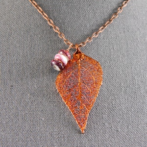 Copper Dipped Laurel Leaf Necklace on 30 inch chain, Real Leaf Pendant with Spiny Oyster Shell