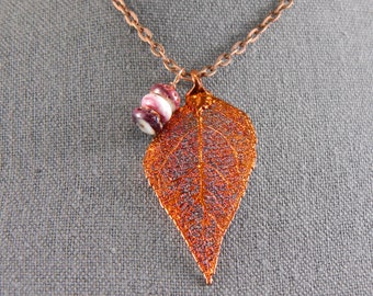 Copper Dipped Laurel Leaf Necklace on 30 inch chain, Real Leaf Pendant with Spiny Oyster Shell