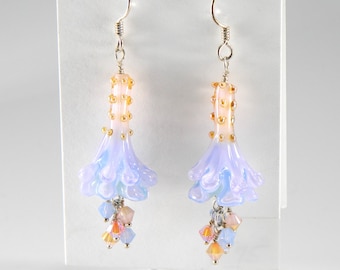 Pink and Blue Dragonflower Earrings with Pearl Cluster, Sterling Silver Earrings, Subtle Floral Earrings