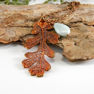 Copper Lacy Oak Leaf Pendant on 30 inch Long Chain with Peruvian Opal, Necklace for Rangers Apprentice fan, Strength and Courage Symbol image 2