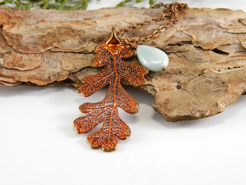 Copper Lacy Oak Leaf Pendant on 30 inch Long Chain with Peruvian Opal, Necklace for Rangers Apprentice fan, Strength and Courage Symbol image 2