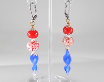 Red, White and Blue Twisted Earrings with Stainless Steel Leverbacks, Patriotic Earrings