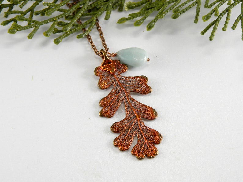 Copper Lacy Oak Leaf Pendant on 30 inch Long Chain with Peruvian Opal, Necklace for Rangers Apprentice fan, Strength and Courage Symbol image 7