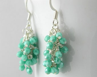 Dangling Turquoise Green Luster Glass Earrings in Silver
