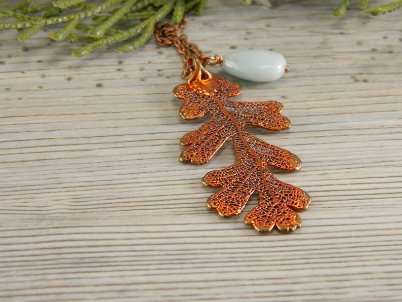 Copper Lacy Oak Leaf Pendant on 30 inch Long Chain with Peruvian Opal, Necklace for Rangers Apprentice fan, Strength and Courage Symbol image 1