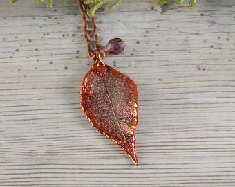 Copper Laurel Leaf Necklace with 34 inch Long Chain, Symbol of Success and Triumph, Christmas Gift for Her