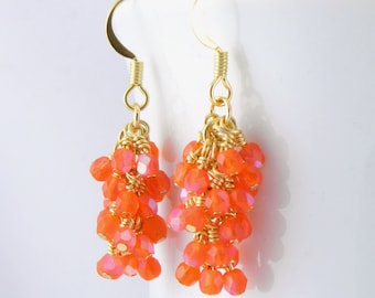Matte Orange Cluster Dangle Earrings in Gold with Golden Surgical Steel Ear Wires