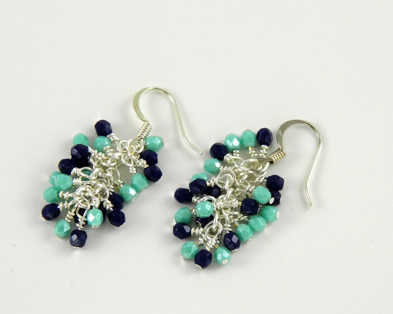 Navy Blue and Turquoise Cascade Dangle Earrings in Silver image 2