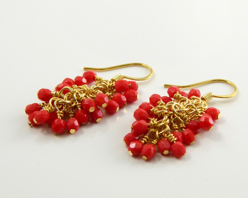 Red Cascading Glass Dangle Earrings in Gold, Red Dangle Earrings image 2