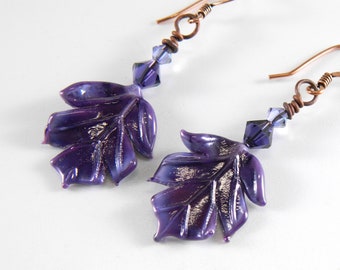 Dark Purple Glass Leaf Earrings, Leaf Jewelry, Gift for Her