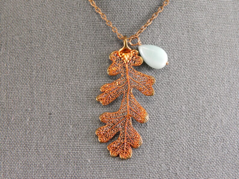 Copper Lacy Oak Leaf Pendant on 30 inch Long Chain with Peruvian Opal, Necklace for Rangers Apprentice fan, Strength and Courage Symbol image 5