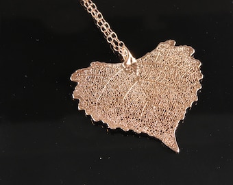 Cottonwood Leaf in Rose Gold on 20 inch Chain Necklace, Electroformed Leaf, Heart Necklace