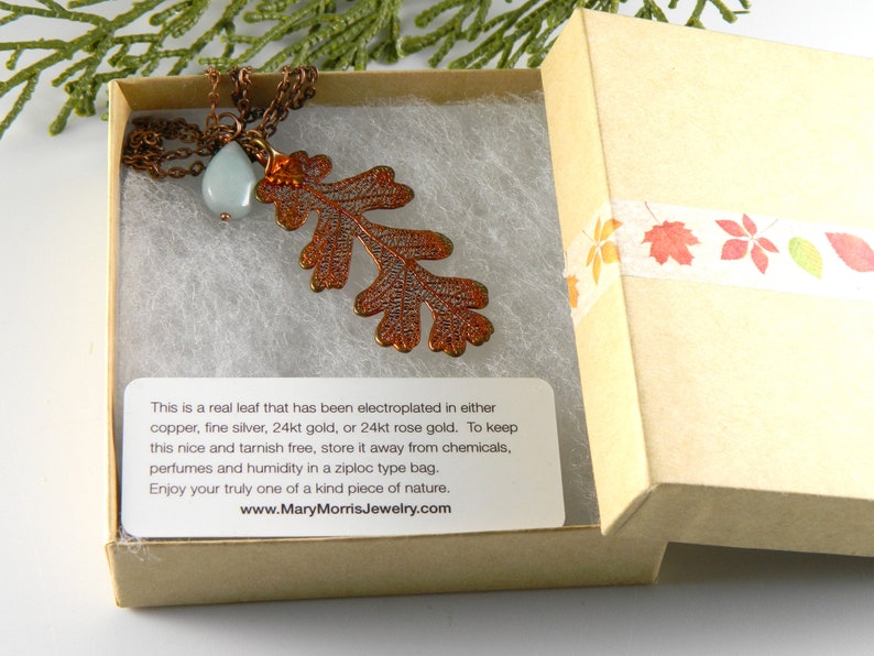 Copper Lacy Oak Leaf Pendant on 30 inch Long Chain with Peruvian Opal, Necklace for Rangers Apprentice fan, Strength and Courage Symbol image 8