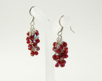 Iridescent Ruby Fire Polished Cascade Earrings, Red Cluster Earrings