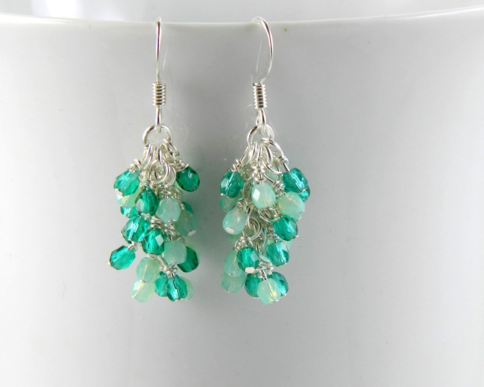 Emerald and Seafoam Green Cascading Earrings Green Dangle - Etsy