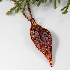 Autumn Leaf Pendant on 20 inch Chain, Copper Dipped Laurel Leaf Necklace, Electroplated Leaf, Gift for Her