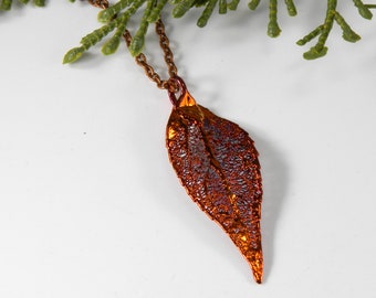 Autumn Leaf Pendant on 20 inch Chain, Copper Dipped Laurel Leaf Necklace, Electroplated Leaf, Gift for Her