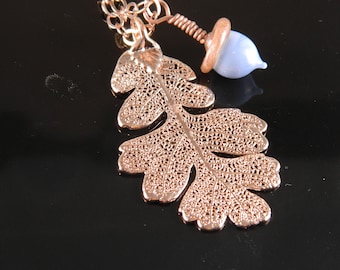 Rose Gold Dipped Oak Leaf Necklace with Blue Glass Acorn on 34 inch chain, Real Leaf Pendant, Rose Gold Necklace