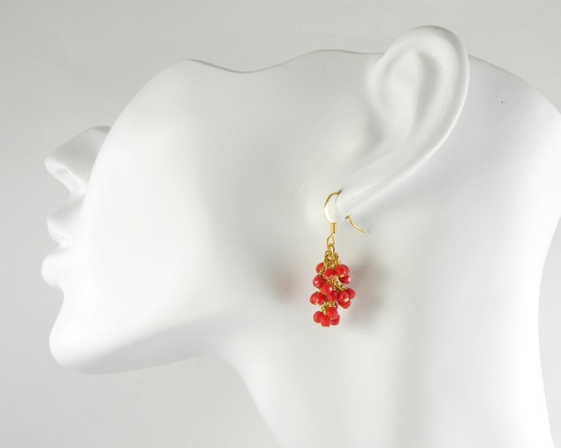 Red Cascading Glass Dangle Earrings in Gold, Red Dangle Earrings image 4