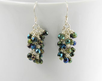 Metallic Green Cluster Earrings with Sterling Silver Ear Wires, Green Iris Earrings