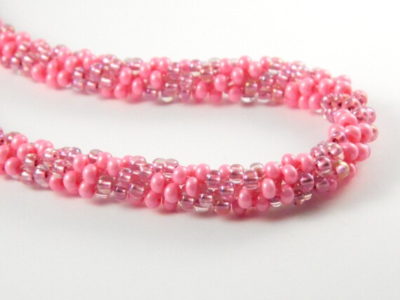 Pink Spiral Kumihimo Necklace, Braided Seed Bead Necklace, Gift for Her