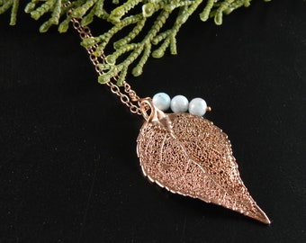 Rose Gold Leaf Laurel Leaf Necklace with Larimar, Long Real Leaf Necklace, Laurus nobilis symbolizes Triumph