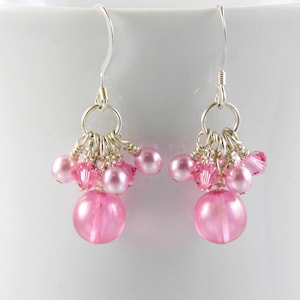 Pink Cluster Dangle Earrings with Sterling Silver Ear Wires image 1