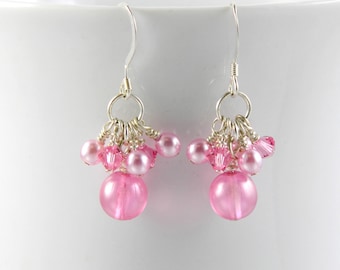 Pink Cluster Dangle Earrings with Sterling Silver Ear Wires
