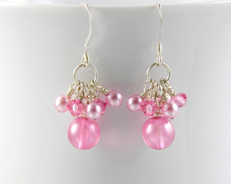 Pink Cluster Dangle Earrings with Sterling Silver Ear Wires image 1