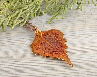 Copper Birch Leaf Pendant on Long Chain, 30 inch chain, Long Leaf Necklace, Cleansing of Past