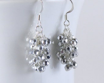 Sparkling Silver Dangle Earrings, Silver Dangling Cluster Earrings