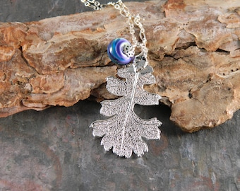 Silver Oak Leaf Necklace with Real Leaf Pendant, 20 inch chain, Symbol of Courage and Strength