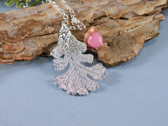 Silver Oak Leaf Necklace With Pink Acorn Real - Silver Oak Leaf Pendant Silver Oak Leaf Necklace With Pink Acorn Real - Silver Oak Leaf Pendant