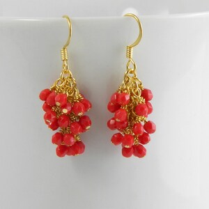 Red Cascading Glass Dangle Earrings in Gold, Red Dangle Earrings image 5