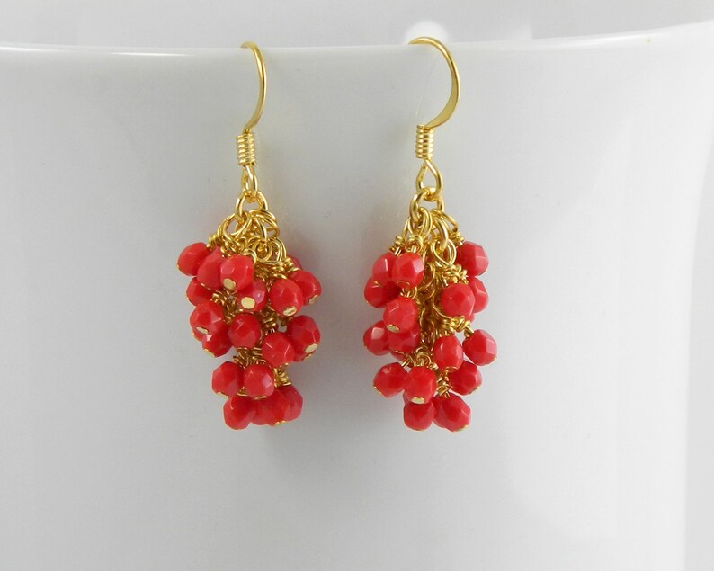 Red Cascading Glass Dangle Earrings in Gold, Red Dangle Earrings image 5