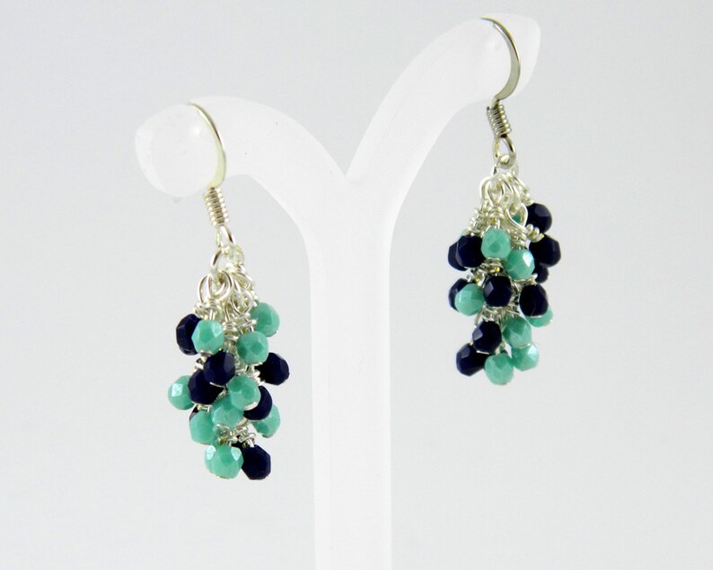 Navy Blue and Turquoise Cascade Dangle Earrings in Silver image 4