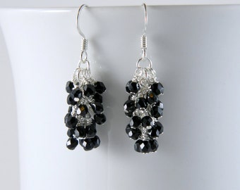 Black Glass Dangle Earrings, Black and Silver Earrings