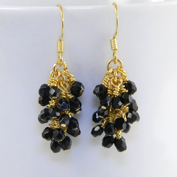 Black  Cascade Dangle Earrings in Gold, Black Dangle Earrings with Surgical Steel Ear Wires