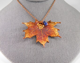 Long Necklace with Lapis and Copper Dipped Real Maple Leaf Pendant, Gift for Wife