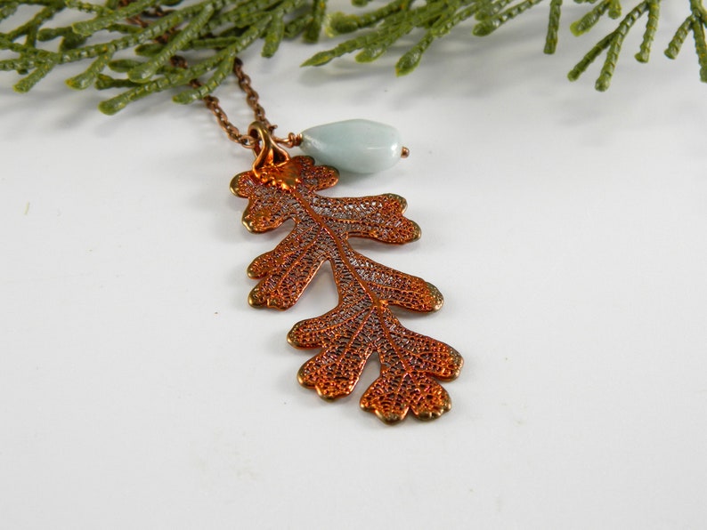 Copper Lacy Oak Leaf Pendant on 30 inch Long Chain with Peruvian Opal, Necklace for Rangers Apprentice fan, Strength and Courage Symbol image 4